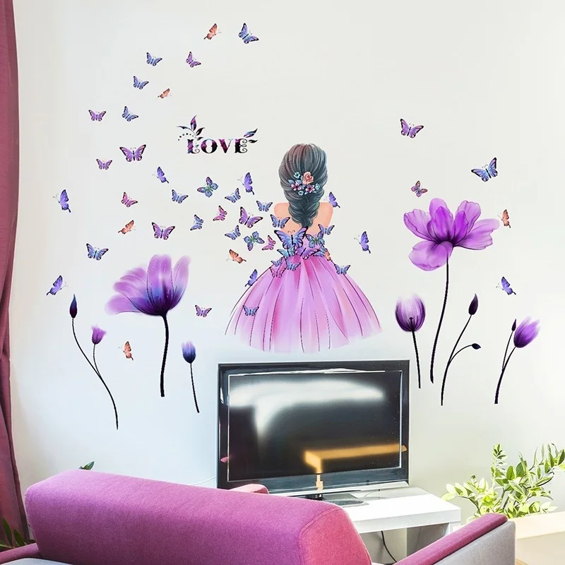 Autocollant mural fleur violette papillon lune fille, papier peint  auto-adhésif de dessin animé, décoration de maison pour salon chambre à  coucher - AliExpress