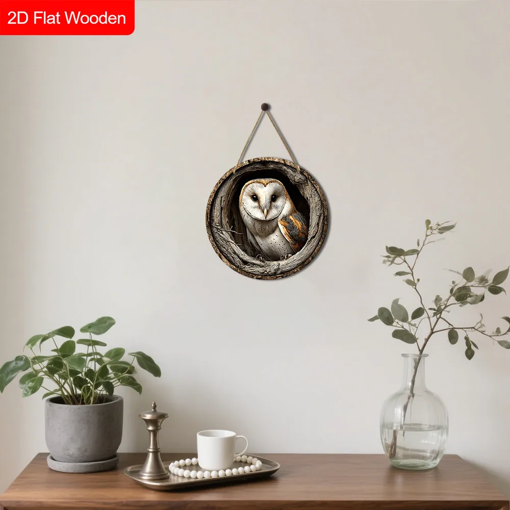 Eulen-Wanddekoration – realistische Scheuneulen in Baumlöchern – Zuhause, Café, künstliche kreisförmige Holzschilder für Geburtstage – Detail 8