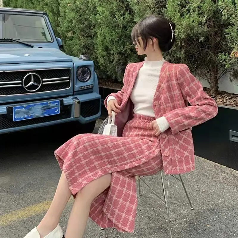 Korean Long Skirt Suit Plaid Suits Autumn Winter Office Lady Blazer Mature Fashion A-Line Pencil Skirt Women Two Piece Set