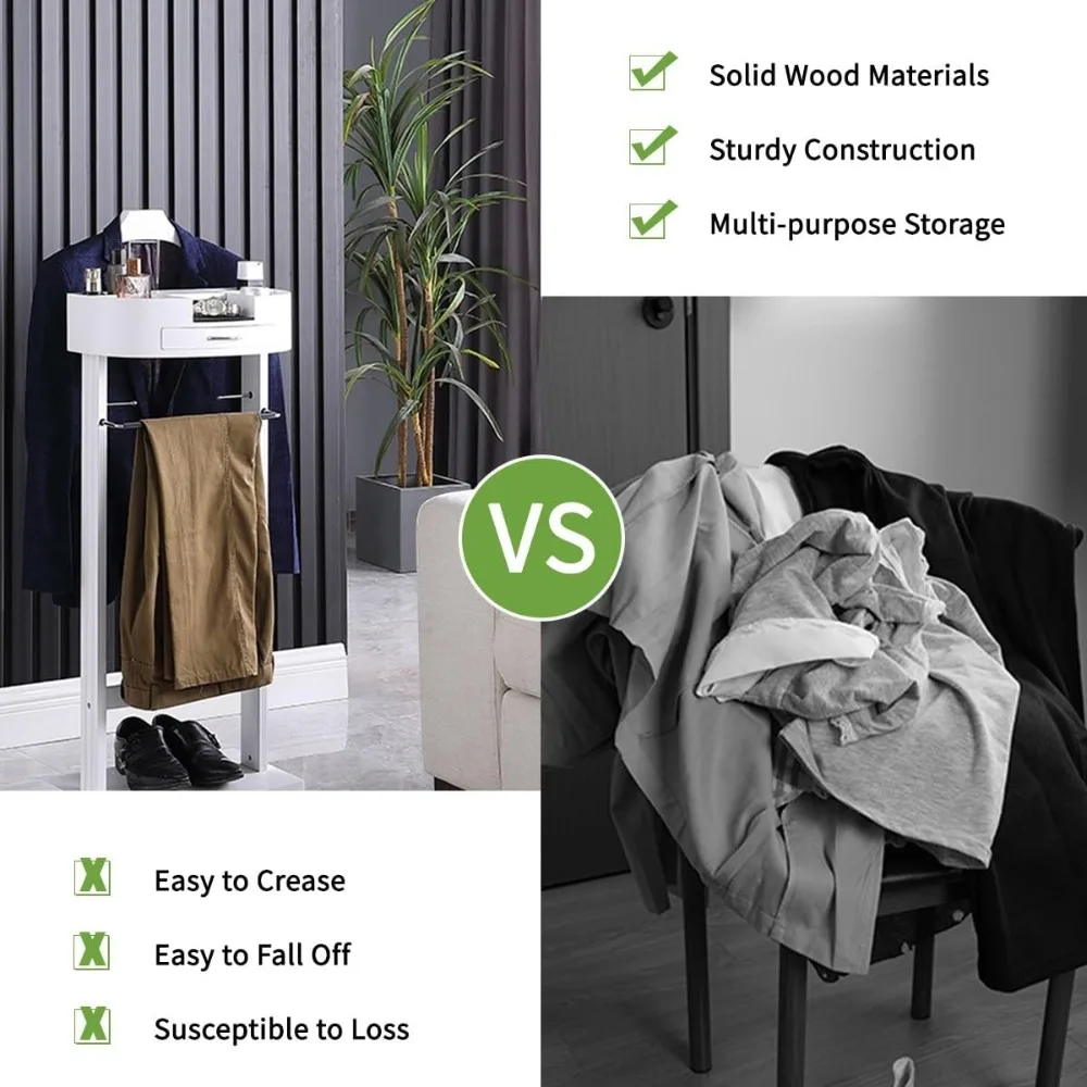wood suit valet stand with drawer top tray freestanding clothes valet stand with contour hanger trouser bar tie & belt hooks and