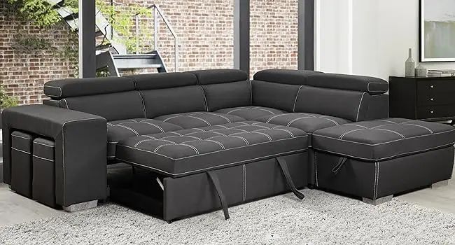 Description Picture 3 of itemSectional Sleeper Sofa with Pull-Out Bed, Chaise & Storage Ottoman 5 Seater L-Shaped Couch with Adjustable Headrest and Stools