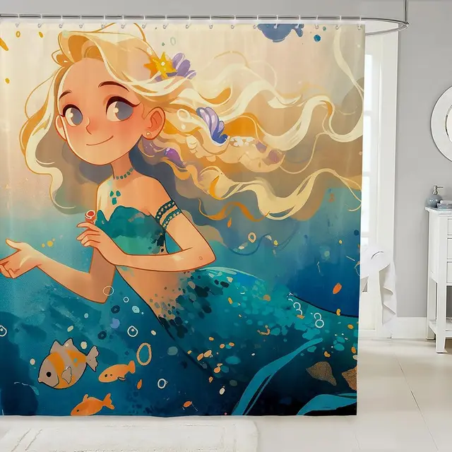 ม่านอาบน้ำลายการ์ตูนเจ้าหญิงใต้น้ำ ลายสัตว์ทะเล สำหรับตกแต่งห้องน้ำเด็ก ขนาด 180x230 1