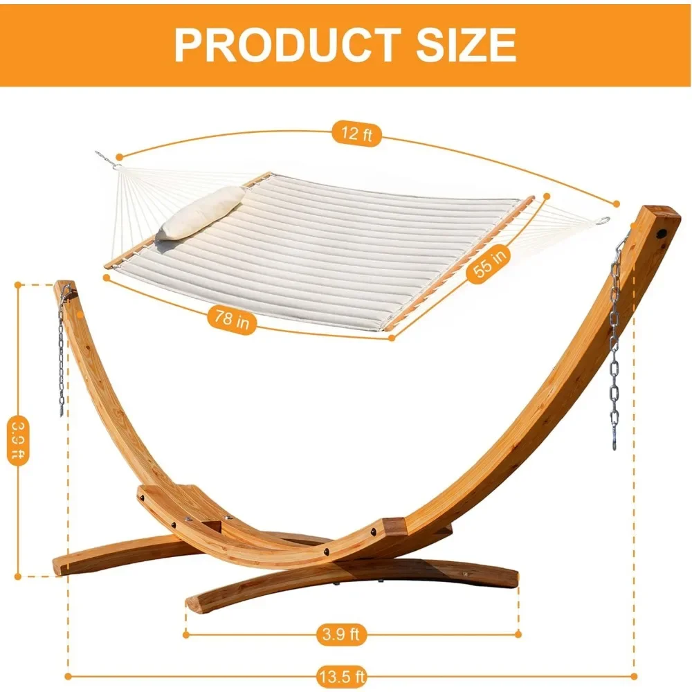 12 FT Double Quilted Fabric Hammock and 13 FT Wooden Arc Stand,Removable Pillow,2 Person Hammock for Outdoor Patio Poolside 6