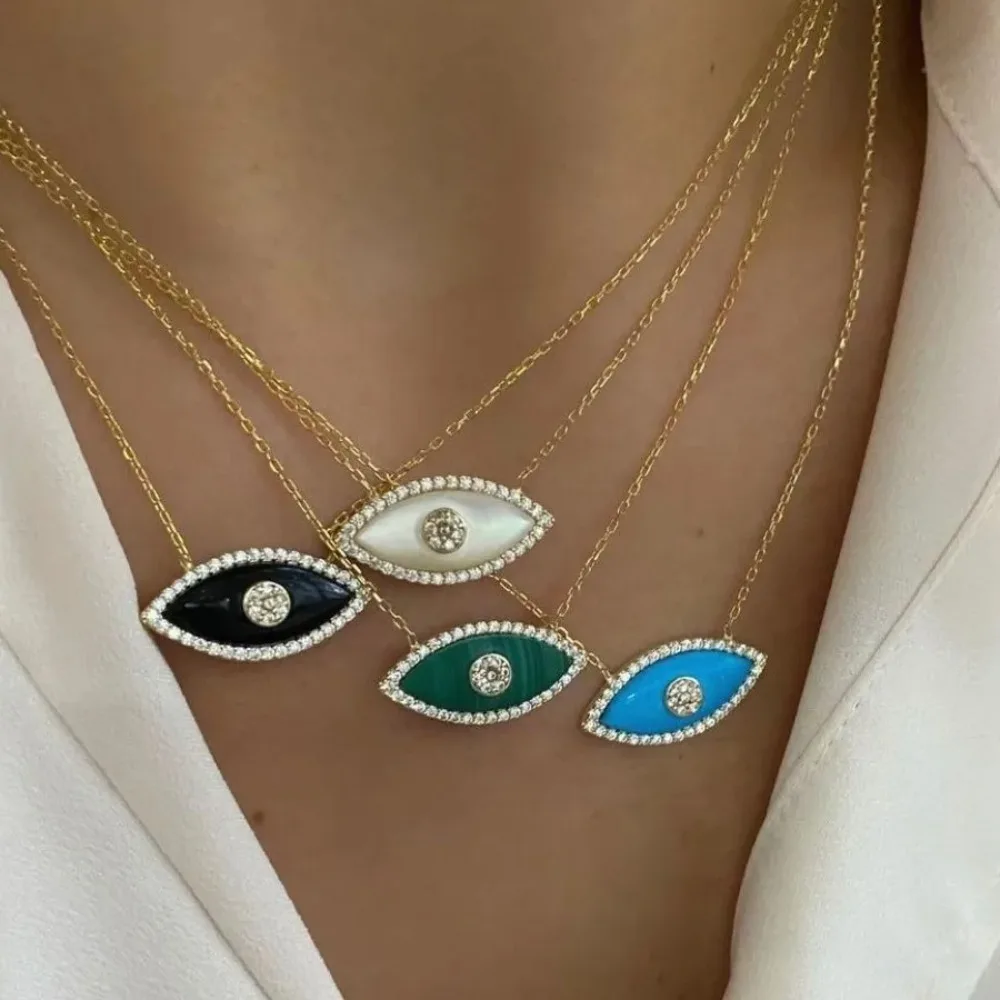 New Goth Turquoise White Opal Evil Eye Pendant Necklace Colour Enamel Shiny Zircon Geometric Choker Natural Stone Turkey Jewelry