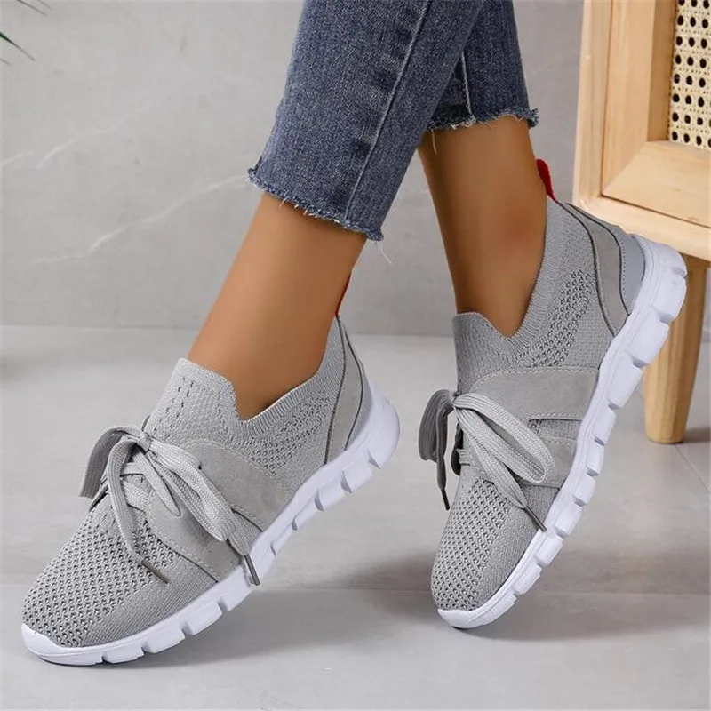 

New Knitted Flat Sneakers Men & Women Lace Up Loafers Breathable Mules Casual Flat Shoes Summer Outwear Walking Lover's Shoes