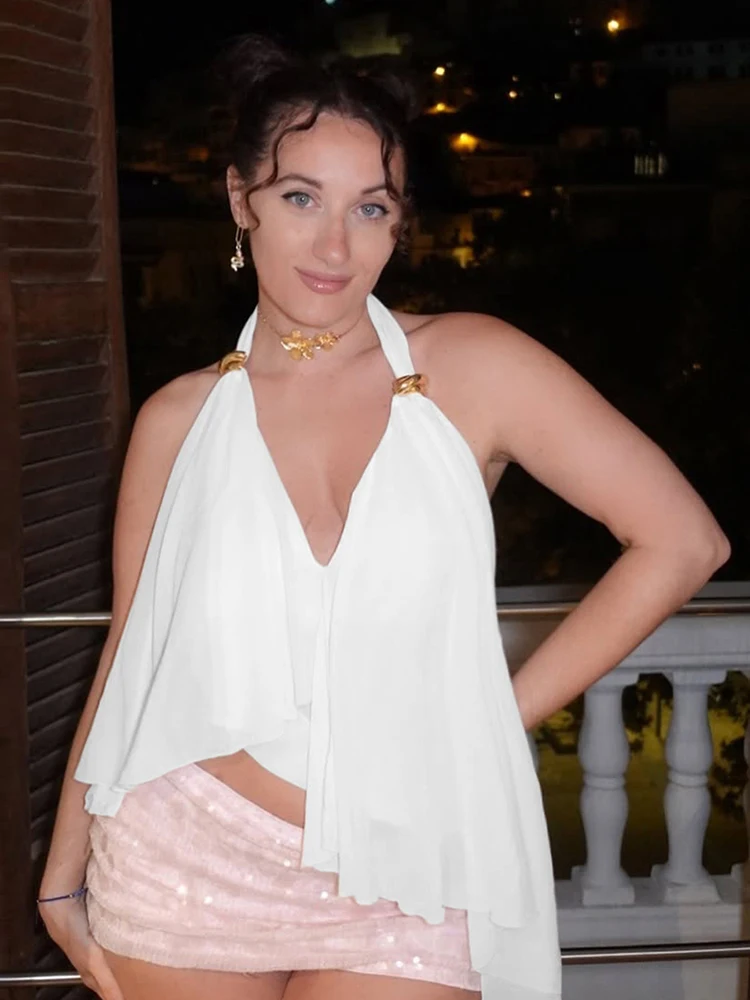 Nibber Elegant Metal Trim Tank Tops Woman Mesh Patchwork Halter Low-Neck Backless Ruched Ruffles Decoration 2026 New Style Vests