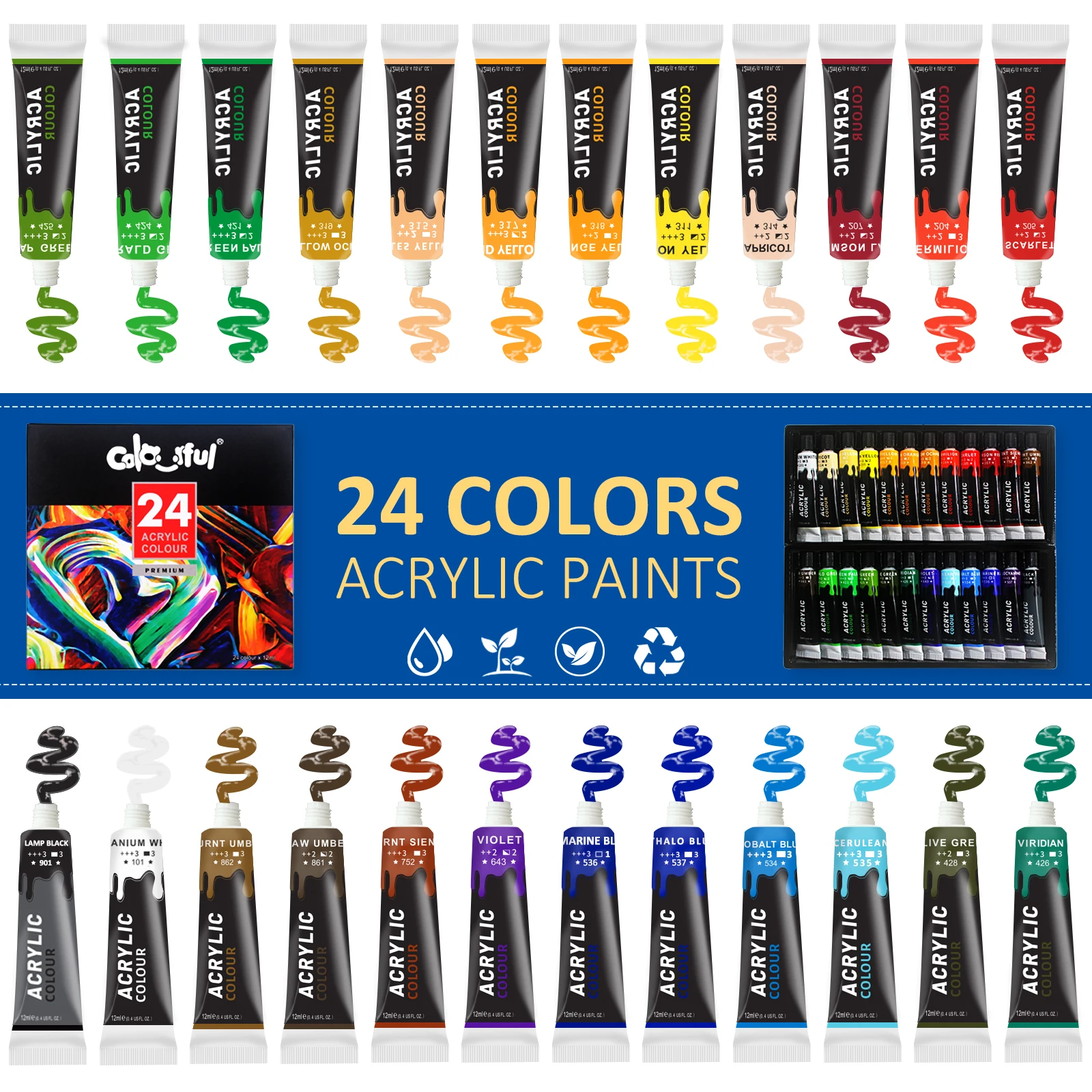 Acrylic Paint Set 24 Colors with 6 brushes ,1 palette , Paint for Fabric, Clothing, Painting, Rich Pigments for Artists pigment