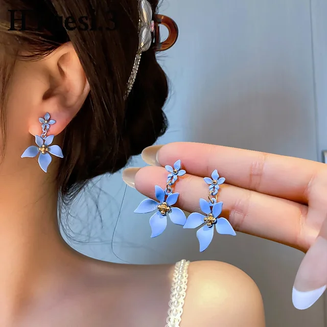 Elegant Blue Camellia Flower Dangle Earrings: A Bohemian Floral Delight