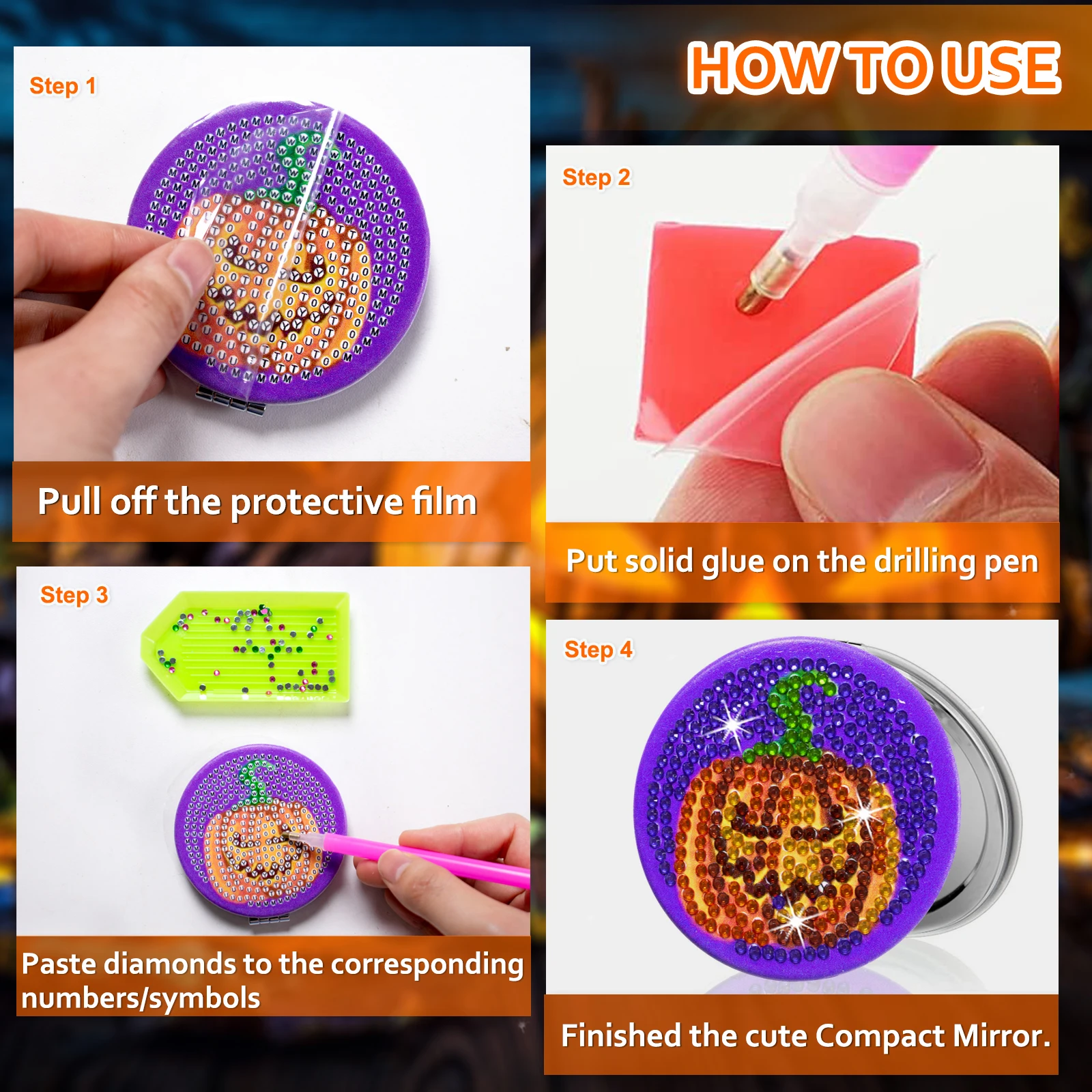 1pc/Set DIY Halloween Diamond Art Mirror Compact 4 Styles Portable Folding PU Leather Diamond Painting Pocket Mirror for Women