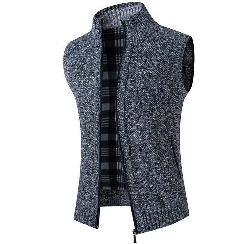 2023 Autumn Winter New Solid Color Fashion Stand Collar Sleeveless Tank Top Man Casual Loose Zipper Pockets Warm Knitting Vest 5