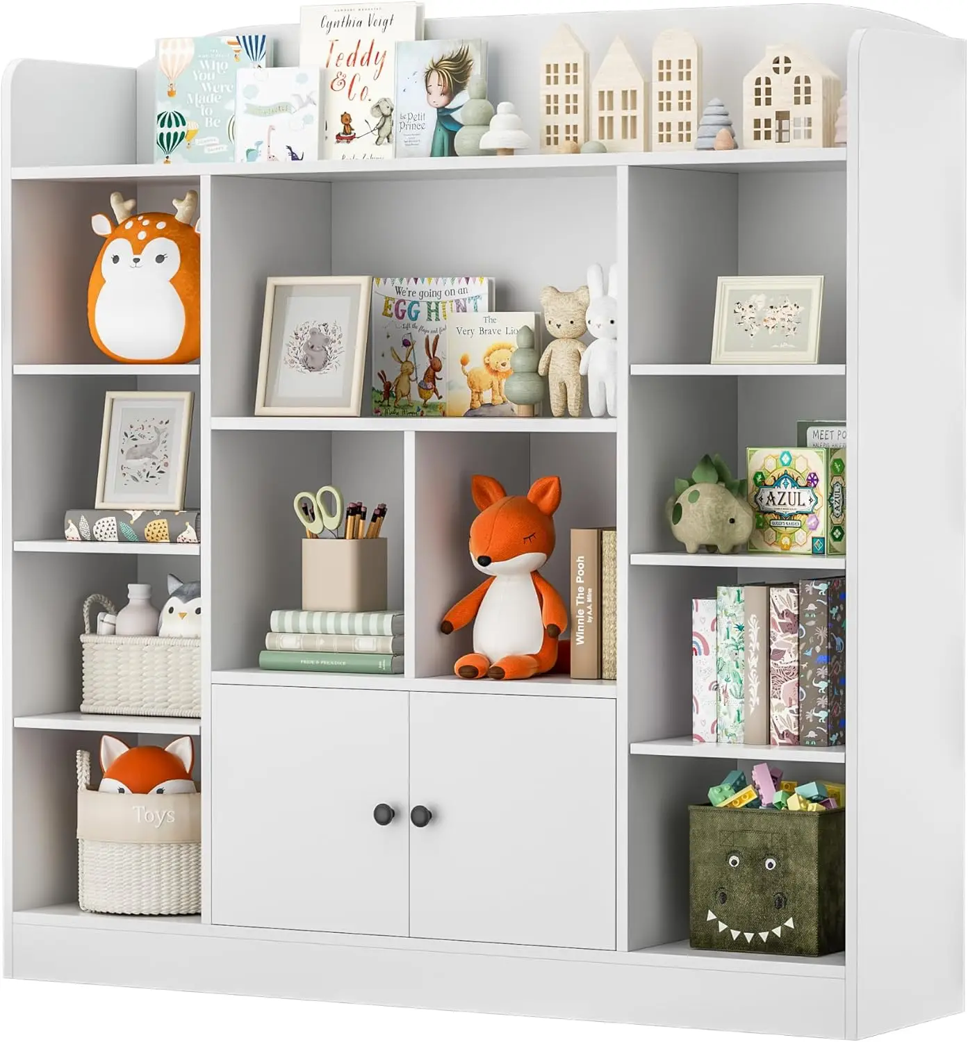 Kids Bookshelf, Kids Bookcase with 11 Cubbies and 2 Cabinets, Freestanding Book Storage Shelves for Bedroom, Playroom, Hal