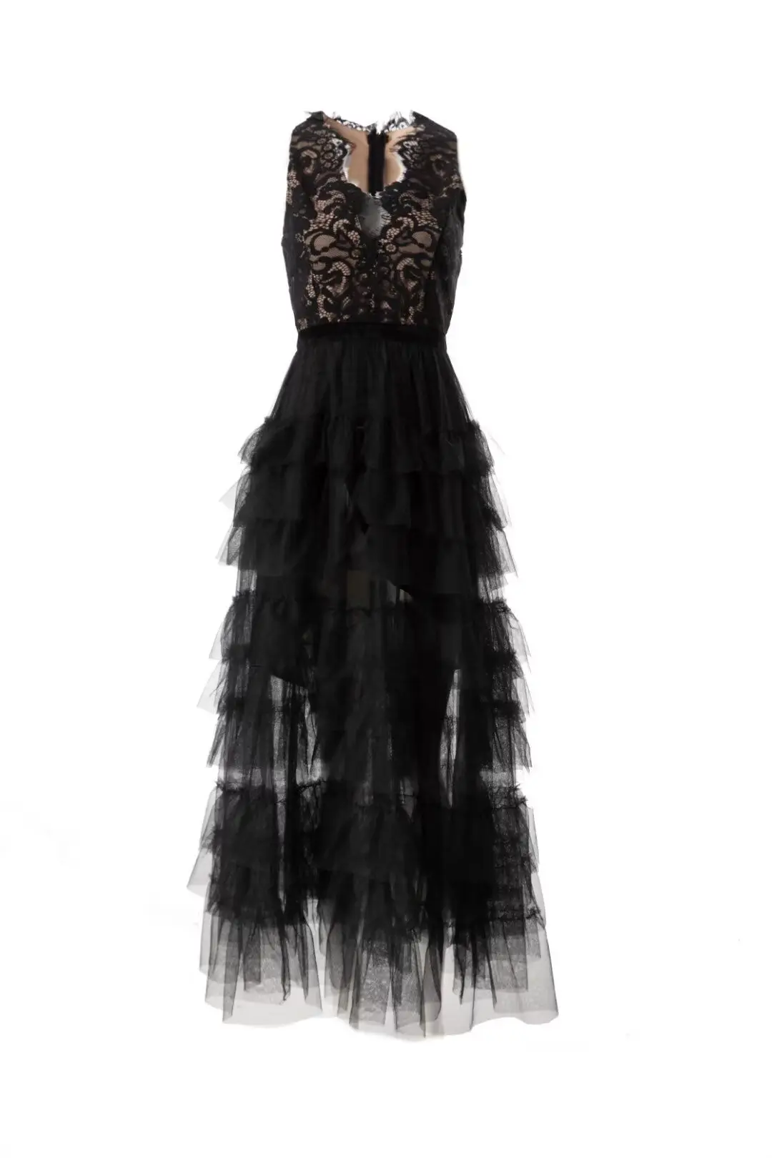 

Ball Gown Dress New 2023 Spring Summer Party Evening Ladies Lace Cascading Ruffle Mesh Patchwork Sleeveless Sexy Long Dresses