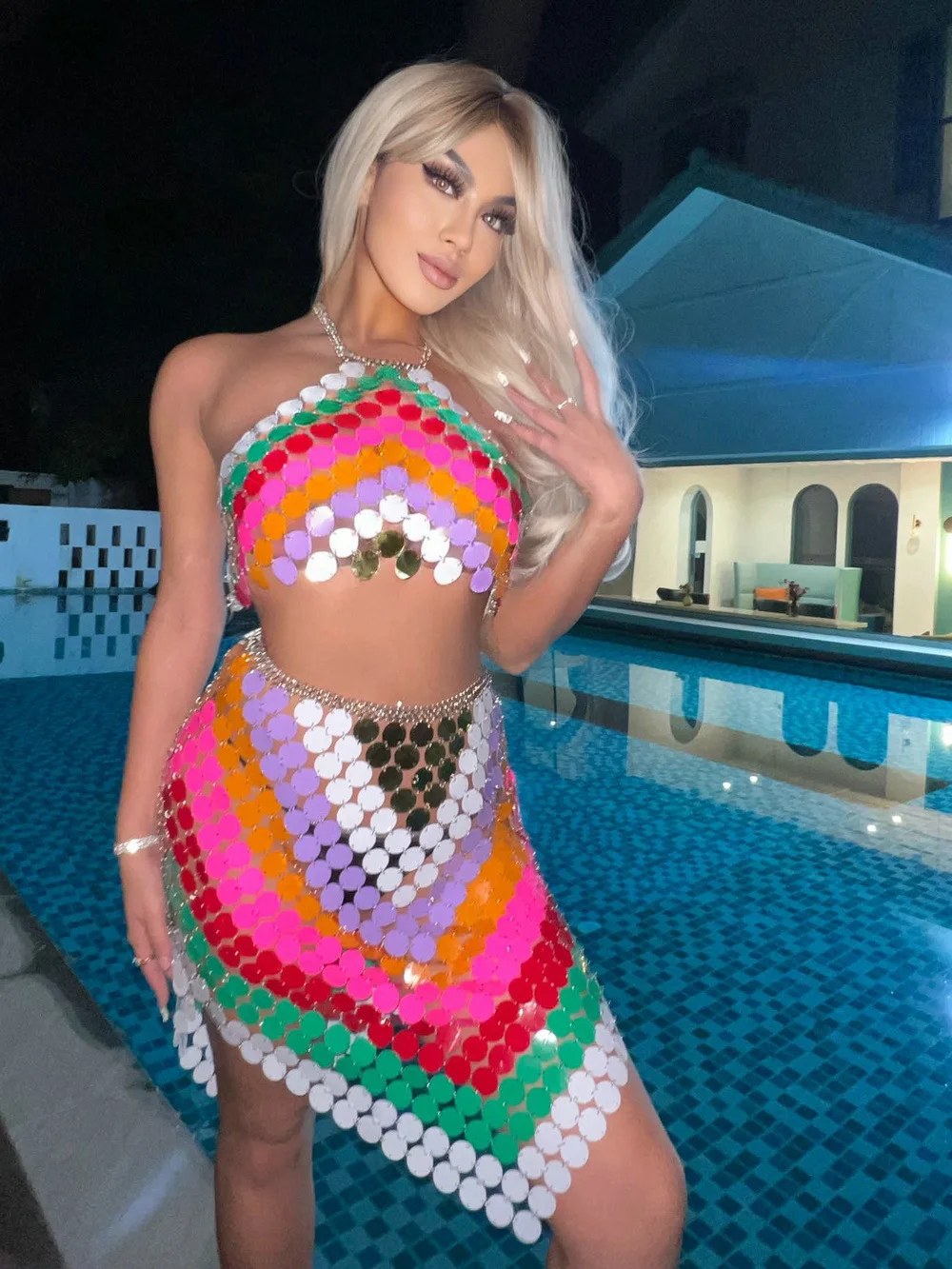 

Women Y2k Plastic Sequins Sexy Two Piece Sets With Mini Skirts Rainbow Fashion Clubwear Crop Tops Paty 2 Piece Set Outfits