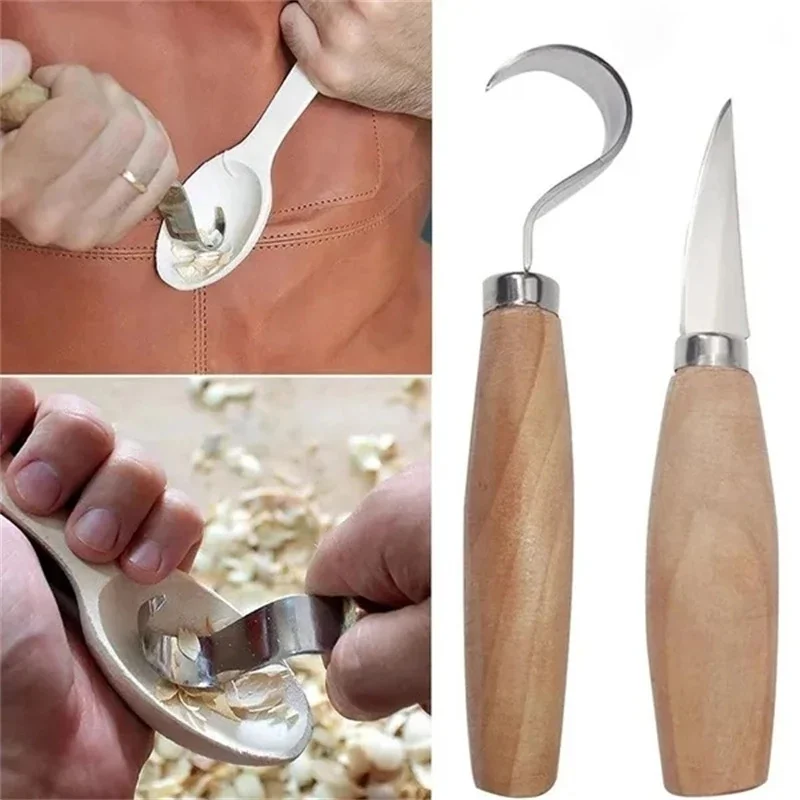 

1/2Pcs Stainless Steel Wood Carving Cutter Woodwork Sculptural DIY Wood Handle Spoon Hook Carving Knife Woodcut Art Craft Tool