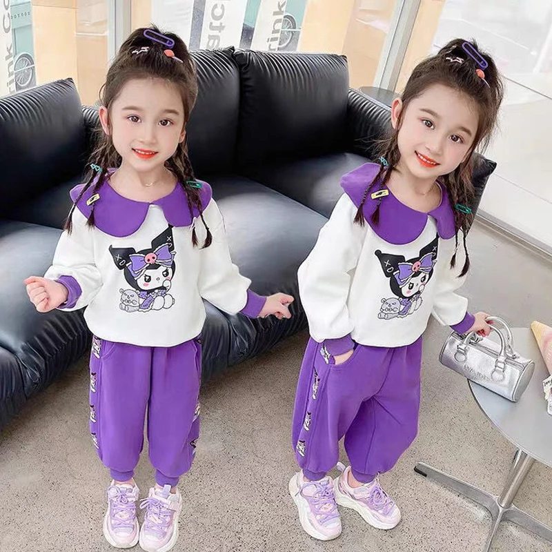 

Autumn Winter Fashionable Kuromi Children's Sweatshirt Set Sanrios Casual Baby Cartoon Kawaii Warm Tops and Pants Two-Piece Set