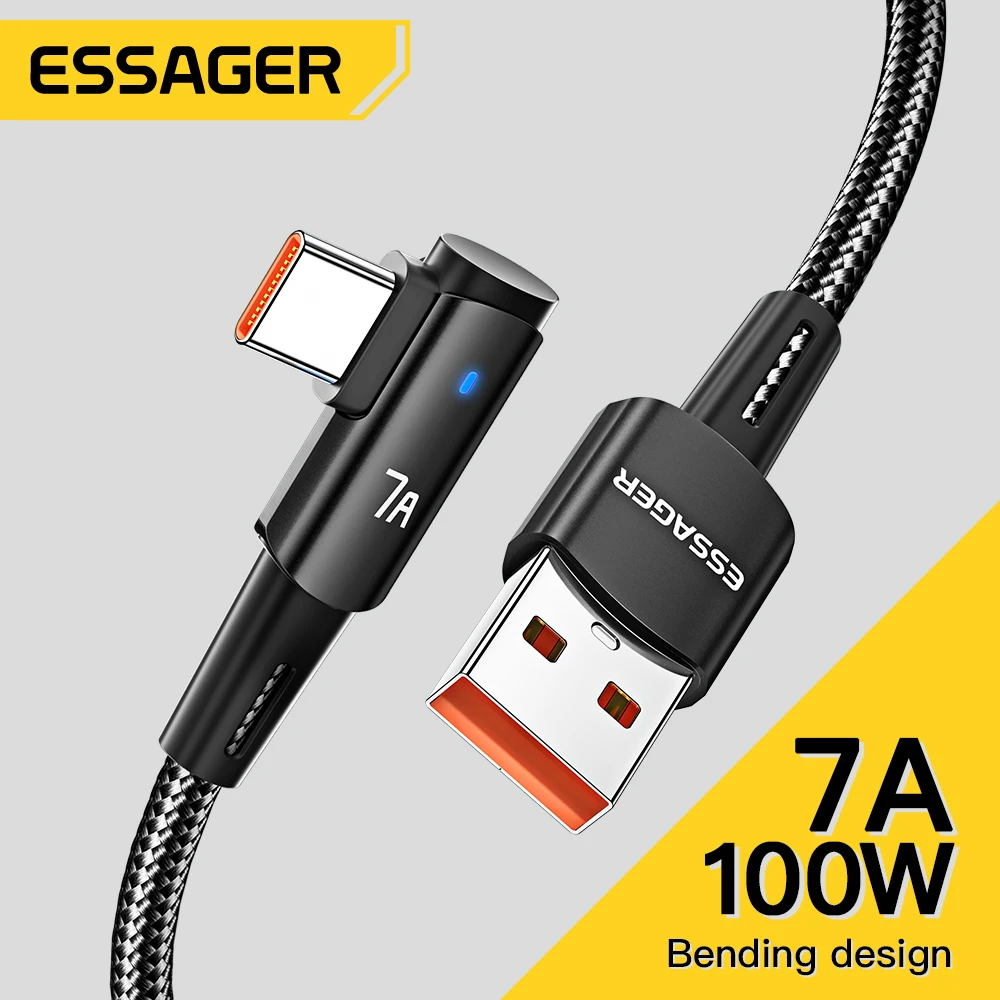 Essager-Cabo USB Tipo C para OPPO, Cabo de Carregamento Rápido, Data Wire, Carregador Angular, Honor, Huawei, Oneplus, Realme, OPPO, 7A, 90 Graus, 100W