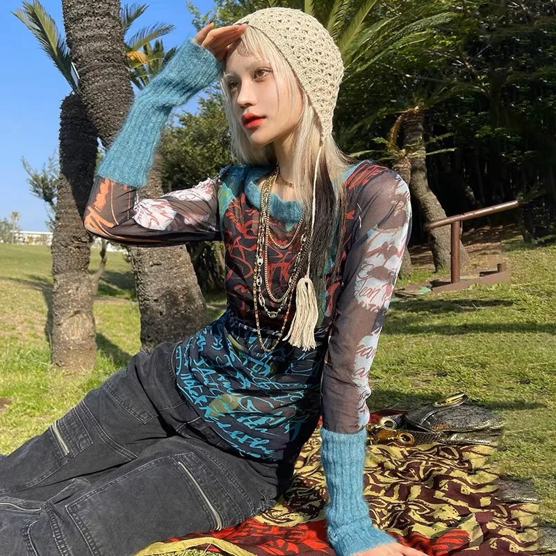 ibuya Spicy Girl Y2K Me Splice Knitted Slim Fit Long Sve Top Base Layer Autumn Winter plus Size Cultural Subup