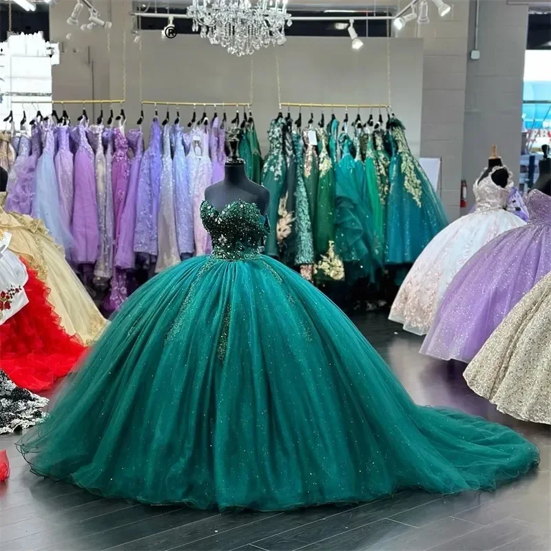 

Изумрудно-зеленые блестящие платья для Quinceanera, кристаллы, бусины, Аппликации, Vestidos De 15 лет, официальные, вечерние, выпускные