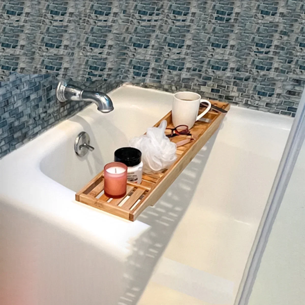 Bathtub Caddy Tray Bamboo Spa Caddy Organizer Soap Book Tablet Towel Holder Nonslip Bottom Bathtub