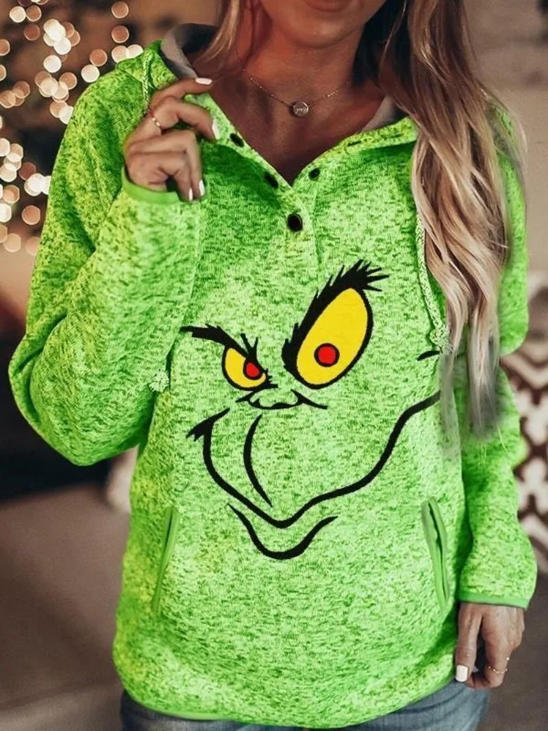 

Autumn Winter Green Pullover Hooded Top Women Plus Velvet Button Drawstring Pocket Fashion Print Casual Hoodie Female Plus Size