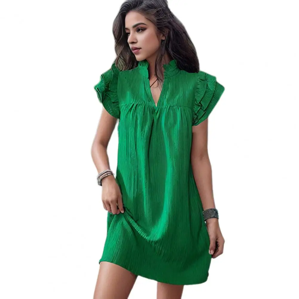 

Dress Elegant Stand Collar Ruffle Summer Dress with Pleated Detailing Soft Breathable Fabric Stylish V Neck Mini Dress for Women