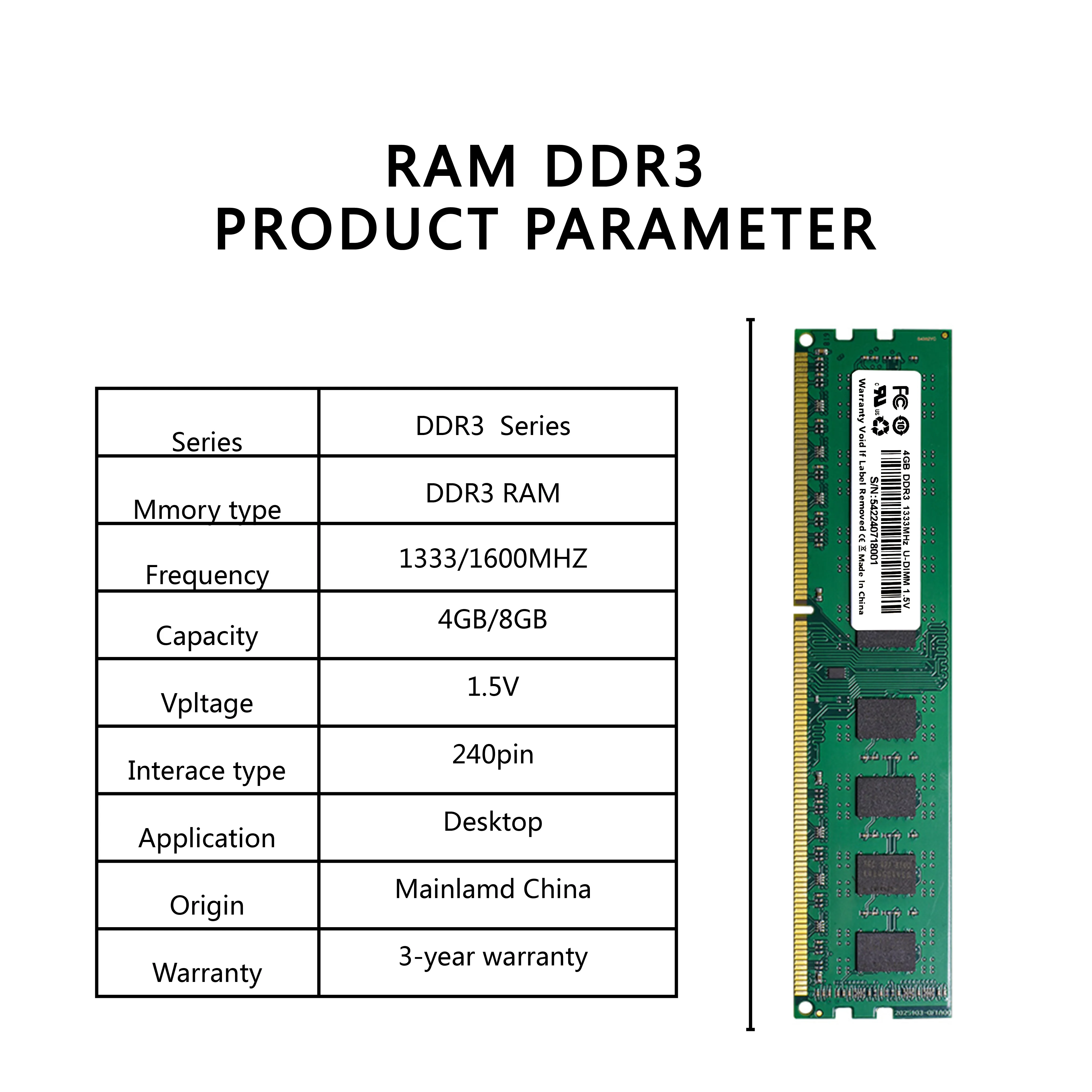 Ymeiton DDR3 2PCS Desktop computer Universal Memory Card 1600MHz 4GB 8GB U-Dimm 240pin Stick RAM