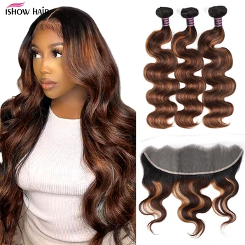 Ishow 1B 4 30 Bundles With Frontal Ombre Highlight Body Wave With 13x4 Transparent Lace Frontal Brazilian Virgin Human Hair