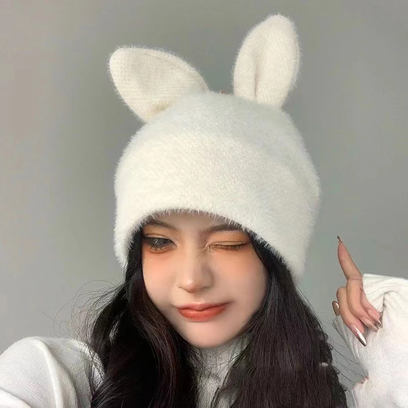 

Cute Rabbit Ears Knitted Hats Padded Warm Knitted Cap Autumn Winter Panama Soft Rabbit Fur Beanie Cap Ski Hat