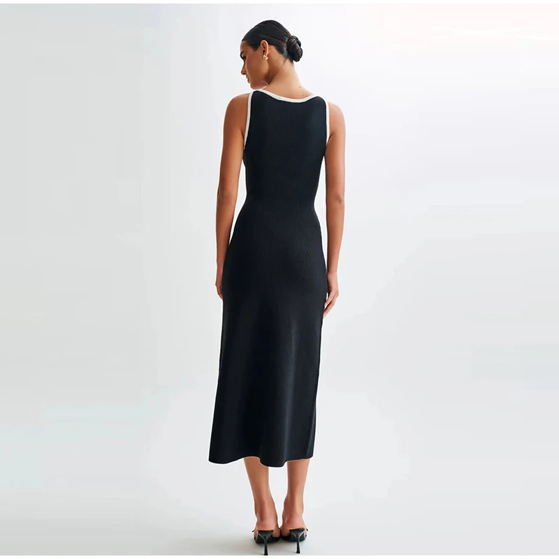 Elegant Single Breasted Knitted Maxi Dress Women Fashion O Neck Sleeveless Fake Pockets Dresses New Lady High Street Robes