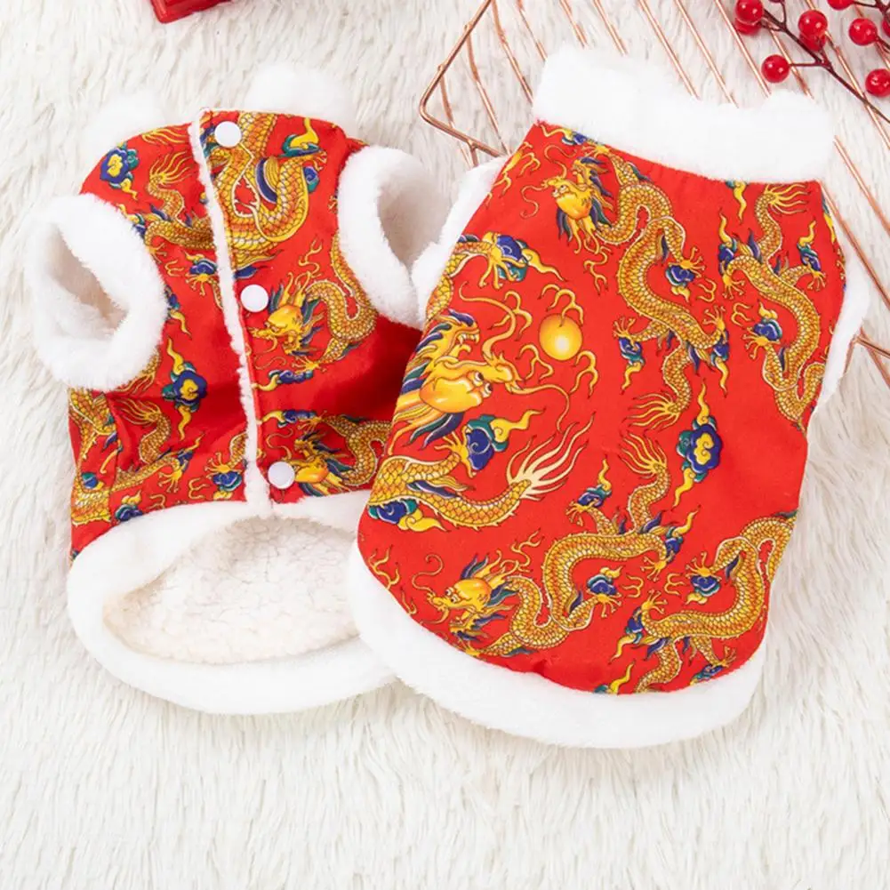 

Elegant Pet Coat Chinese Style Dragon Pattern Dog Winter Vest for Spring Festival Plush Edge Button Design Warm Cotton for Puppy