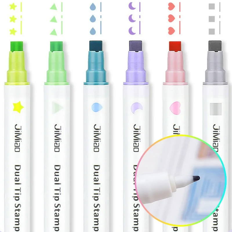 6 Colors Stamp Art Marker Double Headed Highlighter Pen Star/Heart/Moon/Drop/Square for Scrapbook Student Stationery Supplies