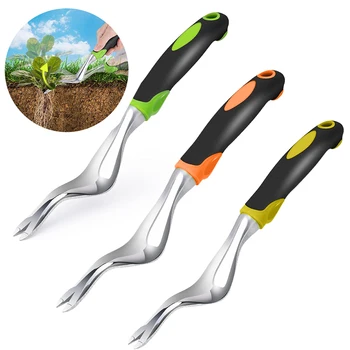 Dandelion Weeder Puller Tool with Soft Handle, Polished Stainless Steel Garden Weed Remover Tool, Two-Pronged Fork Weeder Tool f