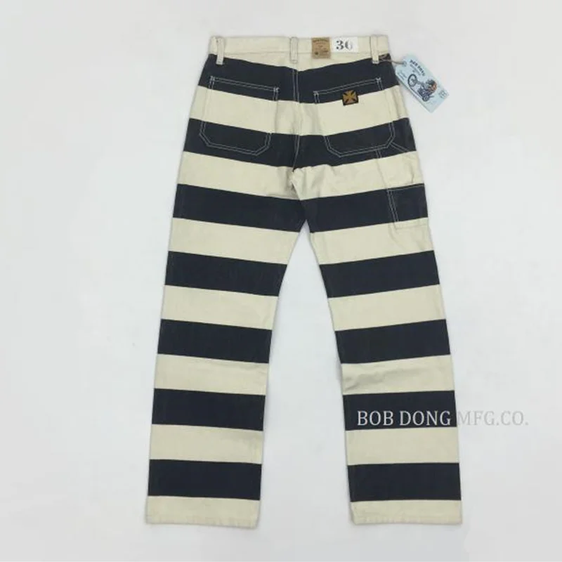 

Bob Dong Men Vintage16oz Prison Pants Multi-pocket Motorcycle Black and White Striped pants Amekaji Retro Casual Pants