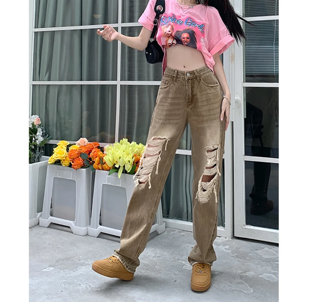 

American vintage ripped jeans Y2K women 2024 new high-waisted traf loose straight mop wide-leg pants pantalones de mujer