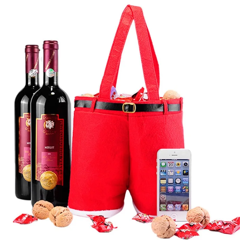 Merry Christmas Gift Treat Candy Wine Bottle Holder Santa Claus Suspender Pants Trousers Decor Christmas Gift Bags 1Pcs