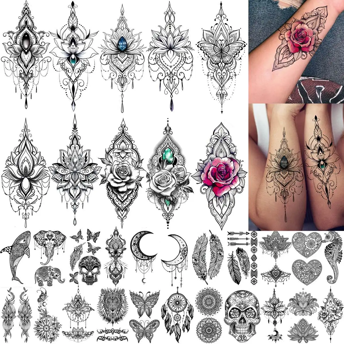 

32 Sheets Black Henna Chains Temporary Tattoos For Women Girls Arm Tattoos Sticker DIY Fake Mandala Flower Butterfly Tatoos Sexy