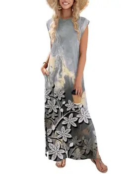 Women Summer Maxi Dress Loose Sleeveless Floral Print Beach Vacation Dress