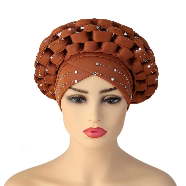 Inlaid with Diamonds African Pattern Pre-Tied Bonnet Turban Knot Cap Headwrap Hat Auto Gele Robe Africaine Aso Oke Ready To Wear Cap054
