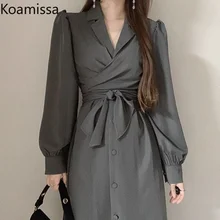 

Koamissa Vintage Women Spring Korean Dress Long Sleeves Notched Lady Belted A Line Blazer Dress Chic Fashion Vestidos All Match