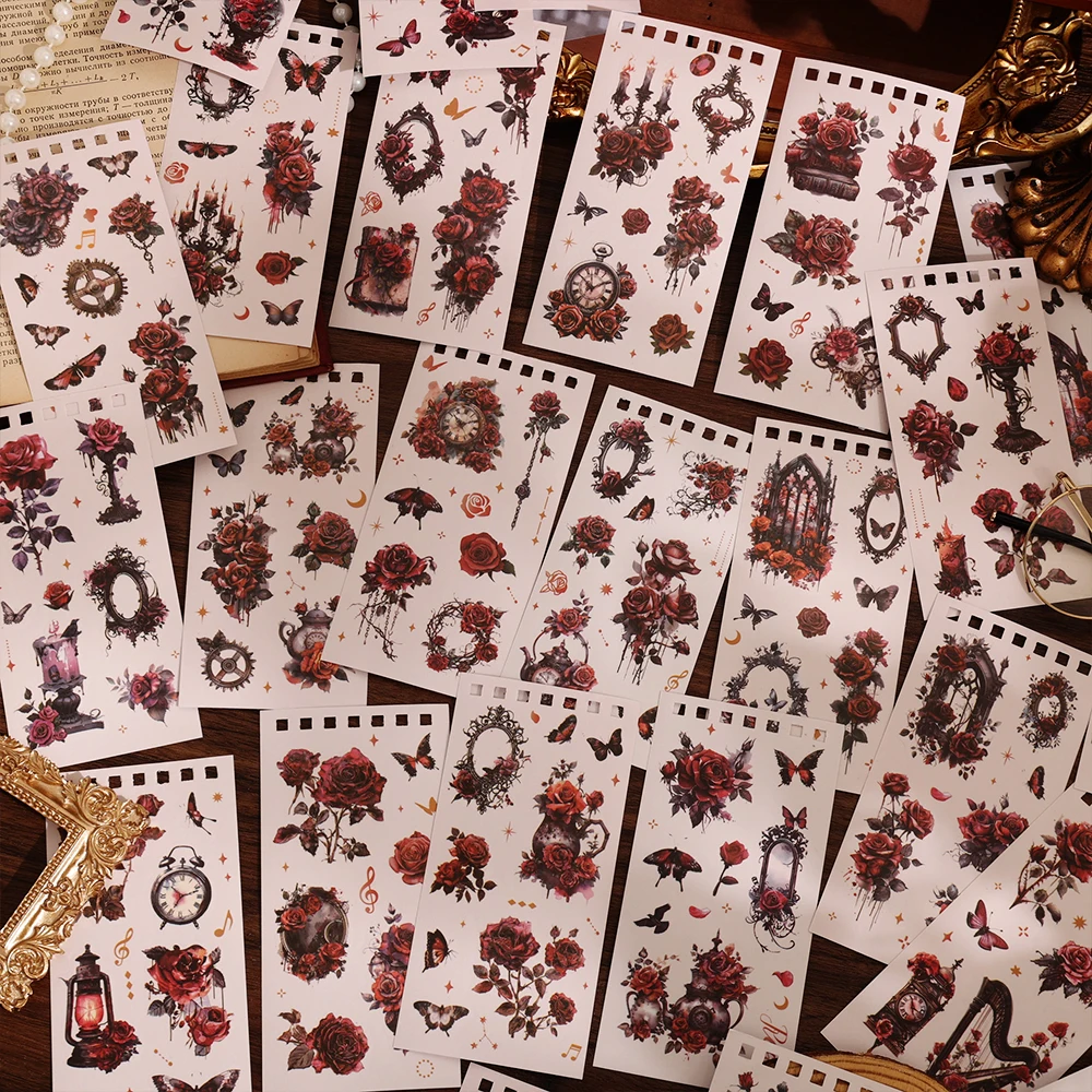 Vintage Rose and Butterfly Scrapbooking Sticker Book - 50 Sheets Aesthetic PET and Washi Stickers