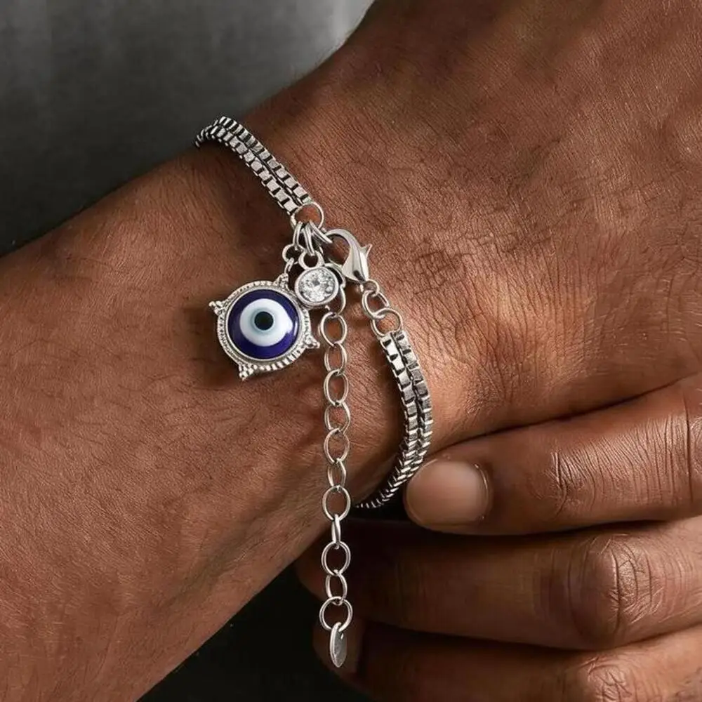 Hiphop Evil Eye Charms Kettenarmband für Männer und Jungen, 2-lagiges quadratisches Box-Kettenarmband, Edelstahl-Schmuckgeschenk