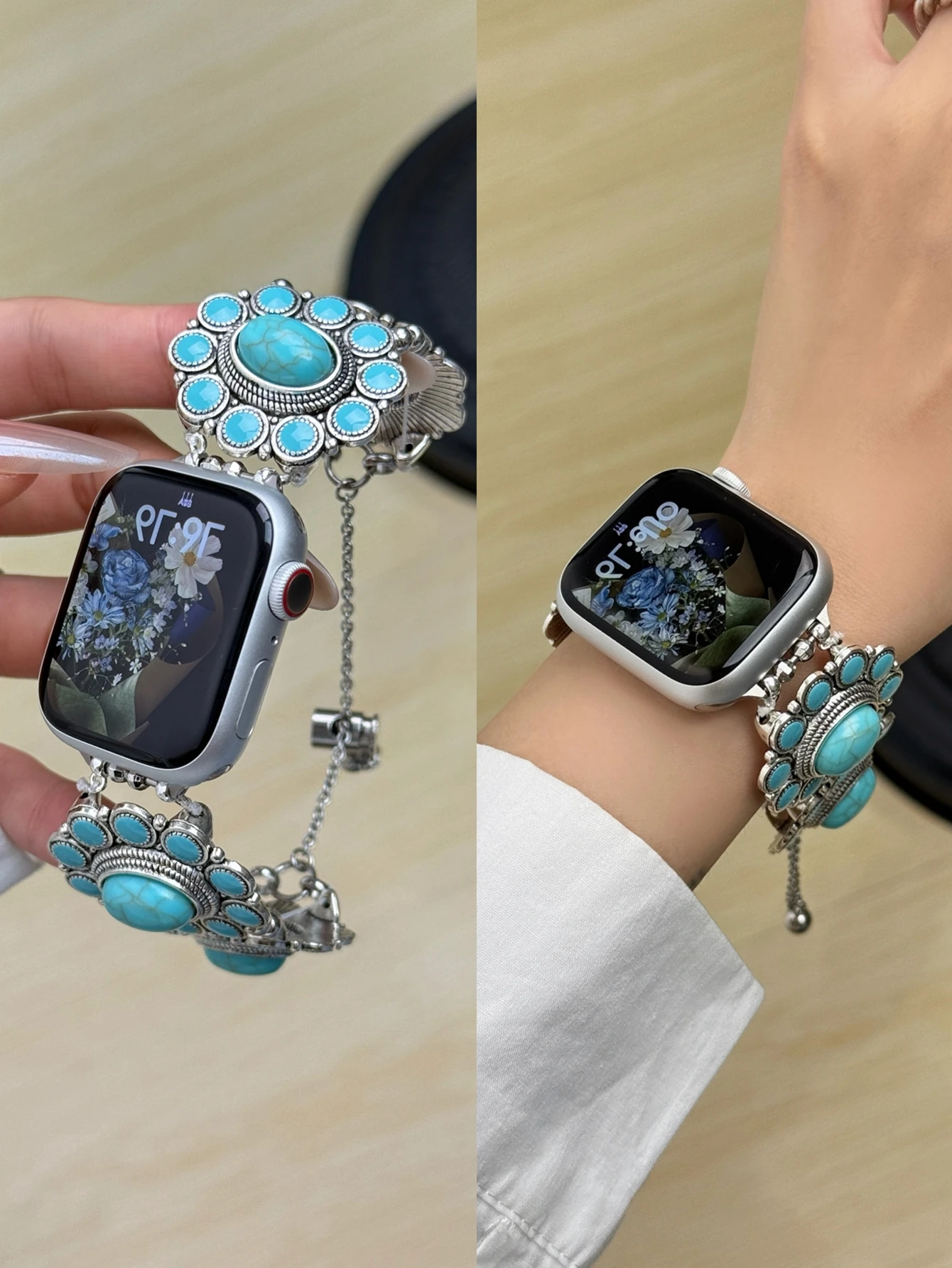 Stylish Stone Metal Link Elastic Watch Band Bracelet