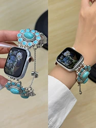 Stylish Stone Metal Link Elastic Watch Band Bracelet - 42mm44mm45mm49mm (Turquoise)