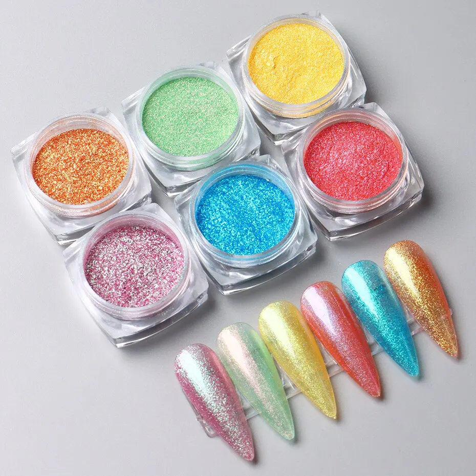 6Pcs Aurora Mirror Nail Powder Pigment Chameleon Chrome Colors Fairy Iridescente Nail Art Glitter Dust Uv Gel Polish Decorations