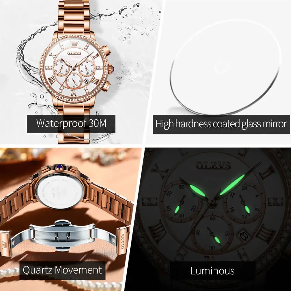 OLEVS Quartz Watch for Women Luxury Rose Gold Dial Stainless Steel Luminous Waterproof Elegant Women's Wristwatches Reloj Mujer