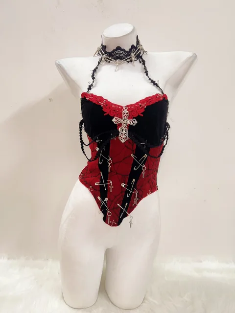 Red Lace Halter Neck Bodysuit 3