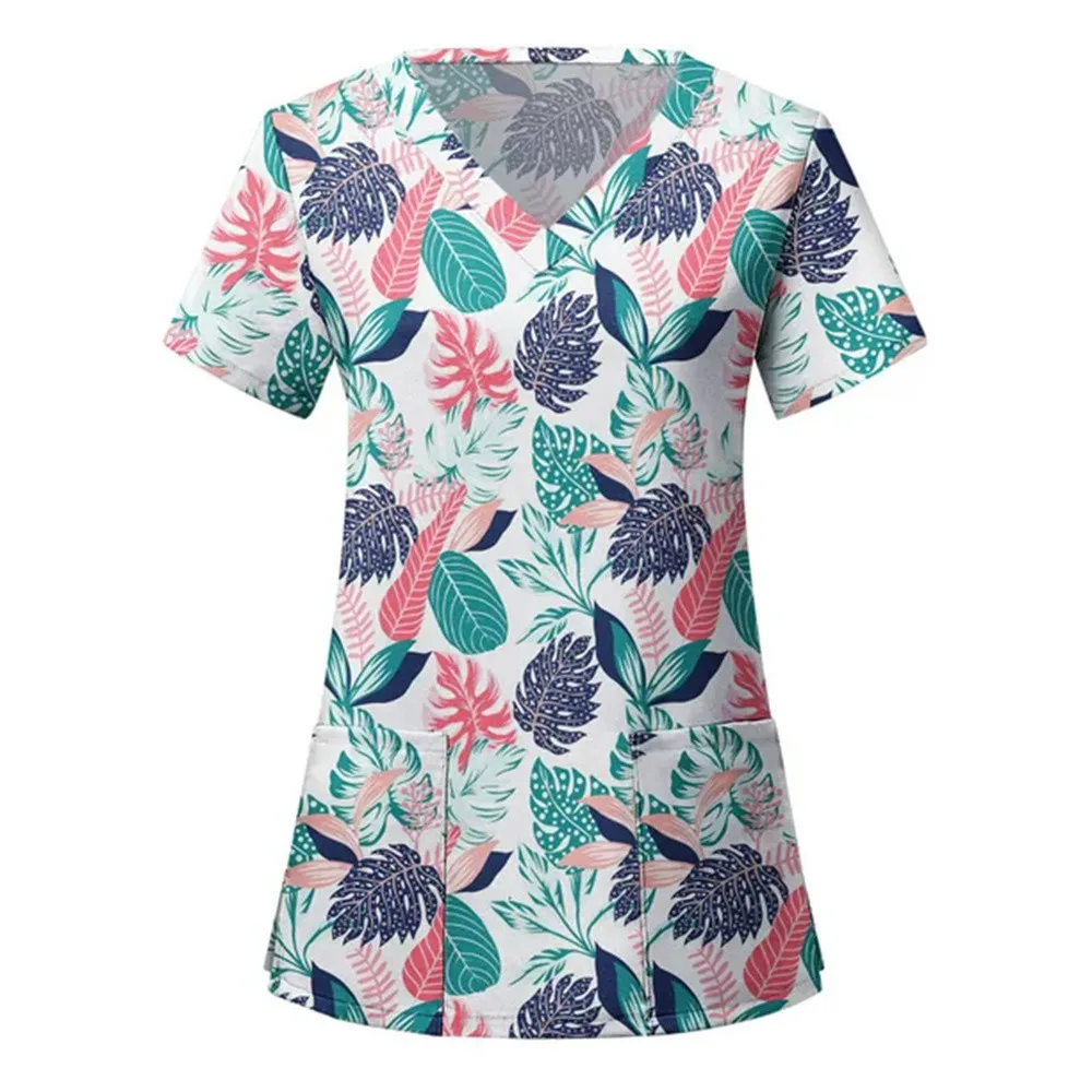 Damen Blumen druck V-Ausschnitt Tops Kurzarm Arbeits uniform Patch Taschen medizinische Krankens ch wester Uniform Damen bekleidung – Detail 10