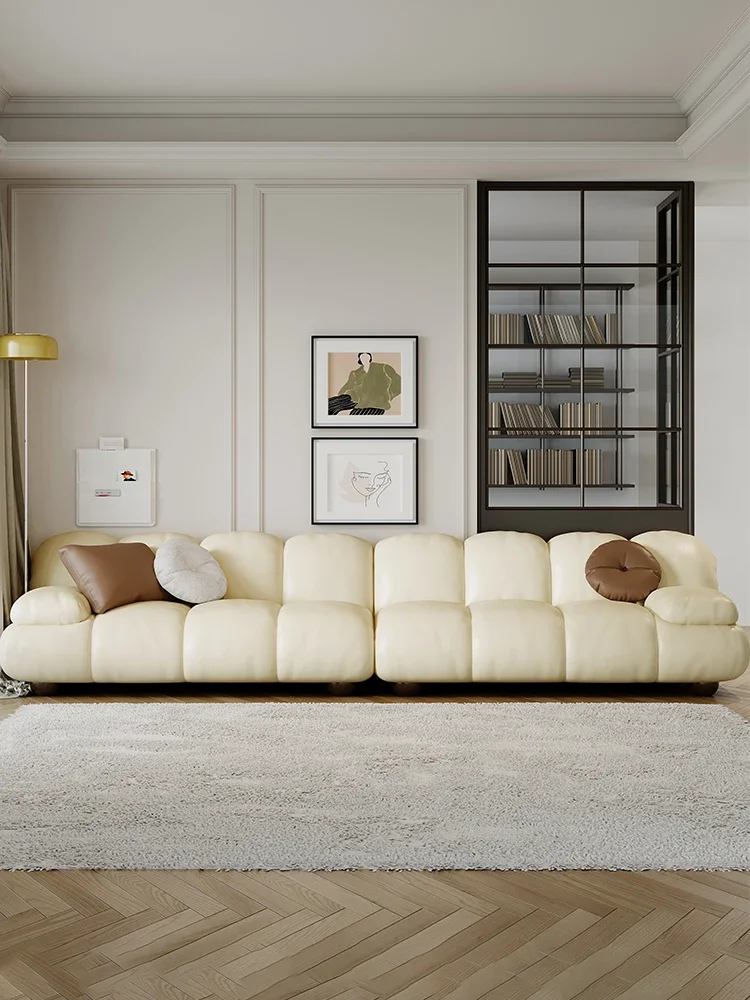 

First Layer Cowhide Cream Style Straight Row Living Room Three-Seat Piano Keys Sofa