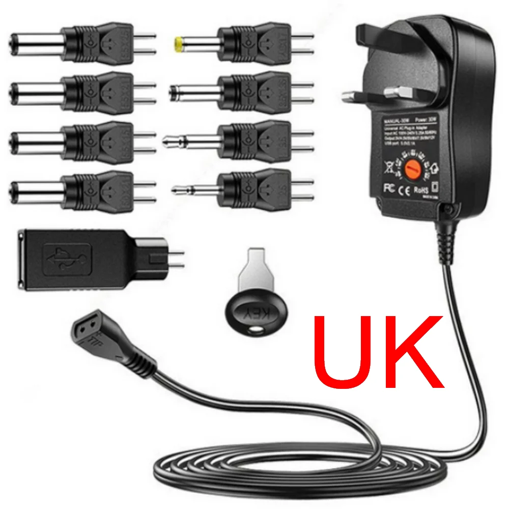 Power Adapter 30W Universal Adjustable AC To DC Plug 3V 4.5V 5V 6V 7.5V 9V 12V 2A 2.5A 2500mA Reverse polarity