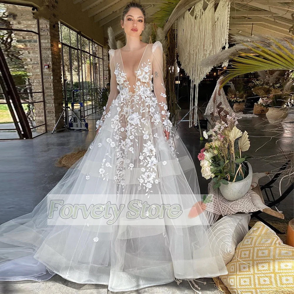 

Forvety Boho Wedding Lace Appliqués Long Sleeves Deep V Neck Bridal Dress 3D Floral A Line Dress Plus Size Tulle Sexy